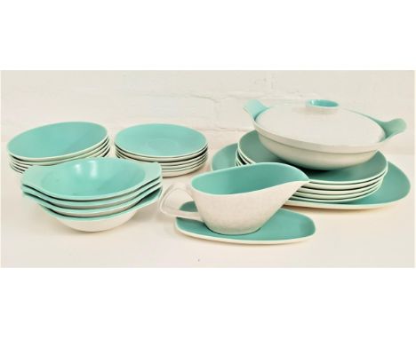 POOLE POTTERY TWINTONE DINNER SERVICEin light aqua marine and seagull, comprising five dinner plates, six soup bowls, four de