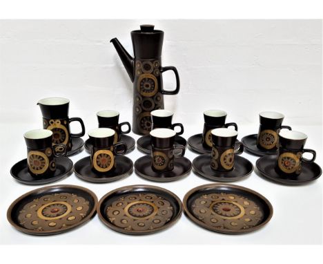 DENBY POTTERY COFFEE SETdecorated in the Arabesque design, comprising a lidded coffee pot, nine coffee cups, ten saucers, thr