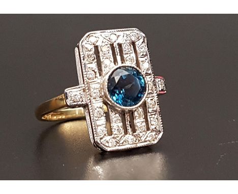 ART DECO STYLE BLUE TOPAZ AND DIAMOND RINGthe central round cut blue topaz approximately 1ct in diamond set pierced surround,