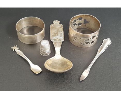 SELECTION OF SILVER ITEMScomprising a pierced thistle decorated napkin ring, Edinburgh 1963; another silver napkin ring with 