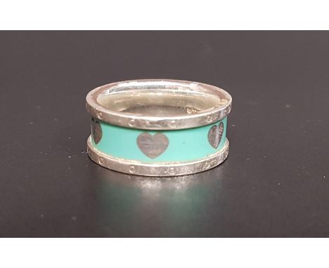 TIFFANY AND CO, SILVER AND ENAMEL LOVE HEART RINGthe turquoise enamel band decorated with silver hearts, ring size K-L 