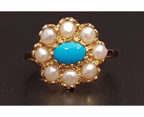 TURQUOISE AND PEARL CLUSTER RINGthe central oval cabochon turquoise stone in eight pearl surround, on nine carat gold shank, 