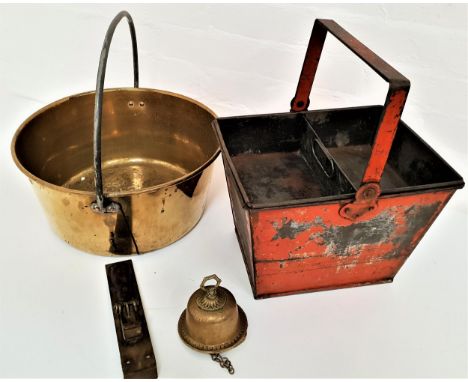 MIXED LOT OF METALWAREincluding a brass preserve pan with a fixed handle, brass hanging door bell, brass door knocker and a p