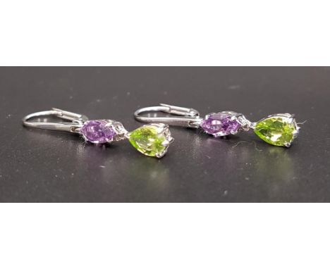 PAIR OF AMETHYST AND PERIDOT DROP EARRINGSeach set with a marquise amethyst above a pear cut peridot drop, in eighteen carat 