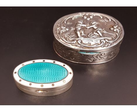 TWO SILVER PILL DISHESone with engine turned turquoise enamel decoration within star decorated white enamel border, Birmingha