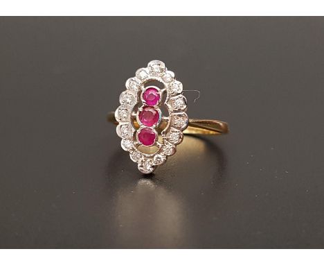 RUBY AND DIAMOND PLAQUE RINGthe central three rubies in vertical setting totaling approximately 0.25cts, in sixteen diamond s