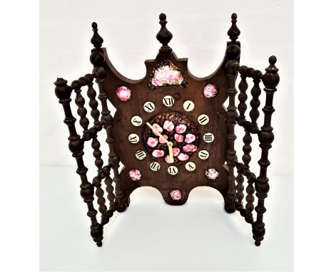 ARTS AND CRAFTS CARVED OAK TRI-FOLD CLOCKthe central shaped section with a circular painted enamel dial and inset individual 