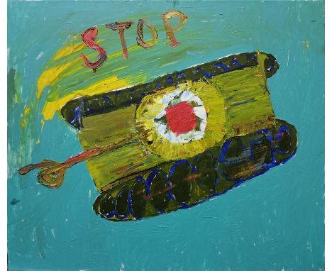 LIASHCHENKO, DAVYD (Ukrainian b.2014) 'Stop the War', - stylised image of tank with STOP written above it. Painted by a 9 yea