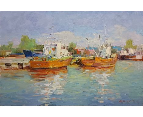 STOGNUT, VICTOR (Ukrainian b. 1958), 'Red Tugboats', a scene of two tugboats moored up, Oil on Canvas, 60 x 90cms (1) Note: T