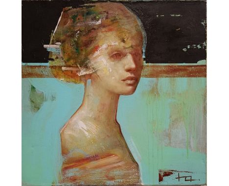 PANCHUK, IHOR (Ukrainian b.1981),"Bust of a girl" female head, blue, black and umber colorcomposition, oil and acrylic on can