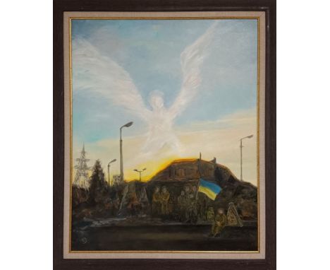 DEMYANIUK, NATALIA "Ukrainian Sky", a scene of soldiers seated outside a tent in the dusk with an angel forming in the clouds