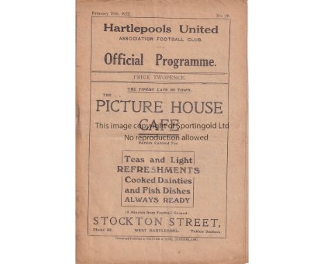 HARTLEPOOLS - CREWE 1921-22    Hartlepools United home programme v Crewe , 25/2/1922, Division 3 North, first year of the com