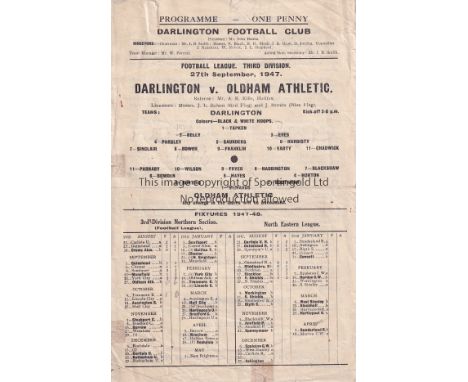 DARLINGTON / CREWE    Single sheet programme Darlington v Oldham Athletic September 27th 1947. Light folds with a few pieces 