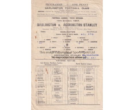 DARLINGTON / CREWE    Single sheet programme Darlington v Accrington Stanley October 18th 1947. Light folds with score and sc