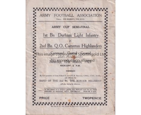 ARMY MATCH     4 Page programme 1st Battalion Durham Light Infantry v 2nd Battalion Q.O Cameron Highlanders at Aldershot Comm