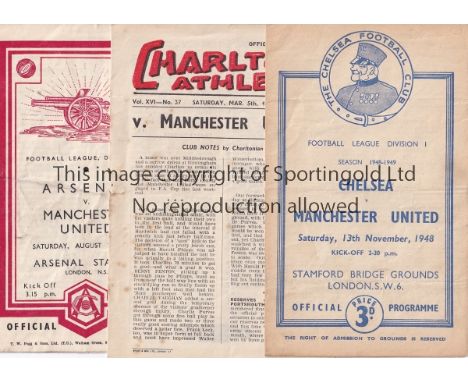 MAN UTD AWAY 48-9   Three Manchester United away programmes, 48-9 , at Chelsea (pencil changes, fold), Charlton (pencil score