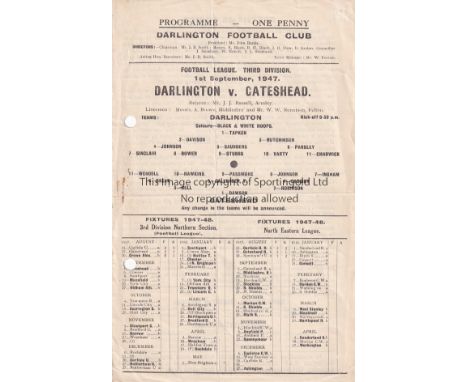 DARLINGTON / CREWE    Single sheet programme Darlington v Gateshead September 1st 1947. Light folds with punch holes but no w