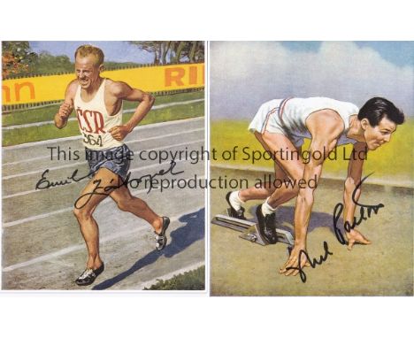 ATHLETICS     Two colour printed pictures both approx 7x5 showing images of London 1948 Olympic Gold Medallist Emil Zatopek  