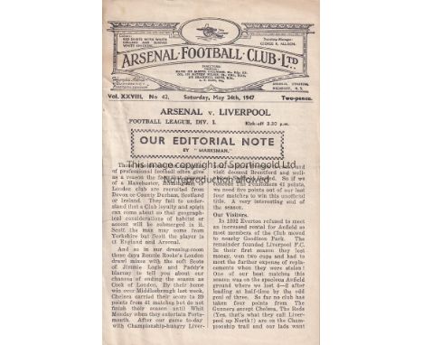 ARSENAL - LIVERPOOL 47   Arsenal home programme v Liverpool, 24/5/47, Liverpool marched on towards the Championship title win