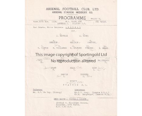 ARSENAL V READING 1959      Single sheet programme for the Youth Cup match at Arsenal 10/3/1959, slightly creased and pencil 