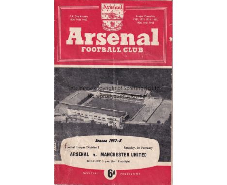 ARSENAL / MAN UNITED    Programme Arsenal v  Manchester United 1st February 1958 . Last match before Munich disaster. Light f