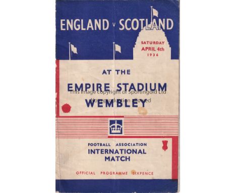 ENGLAND - SCOTLAND 1936  England home programme v Scotland, 4/4/1936 at Wembley, folds, pencil changes, rusty staples.  Fair