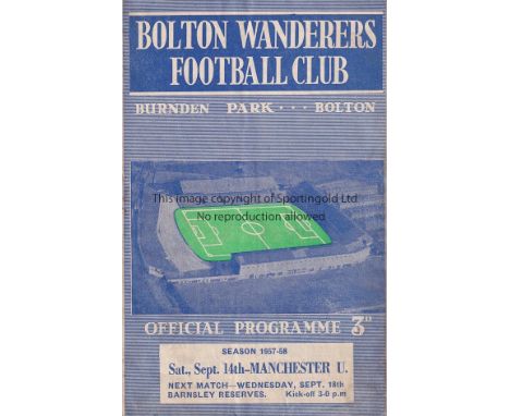 BOLTON / MAN UNITED    Programme Bolton Wanderers v  Manchester United 14th September 1957. Munich disaster season. Light fol