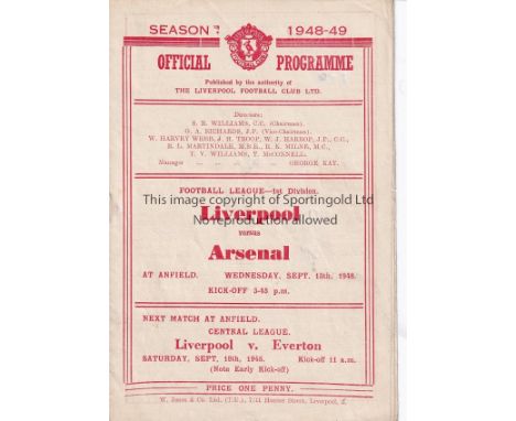 LIVERPOOL V ARSENAL 1948      Programme for the League match at Liverpool 15/9/1948.    Generally good
