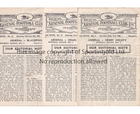 ARSENAL 1946/7      Three home programmes v. Charlton, 2 punched holes, Derby, team changes and Blackpool. All are slightly c