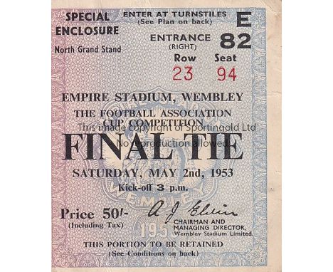 FA CUP FINAL TICKET    Ticket FA Cup Final Blackpool v Bolton Wanderers 2nd May 1953. Matthews Final. Slight fold on reverse.