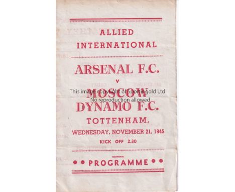 ARSENAL    4 Page Pirate programme printed by Rossi for the Arsenal v Moscow Dynamo Friendly match at Highbury on the 21st No