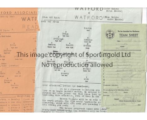 WATFORD   Three items, single sheet Watford practice match programme, Gold v Blue, 22/8/59 ( torn along fold, Watford Res v R