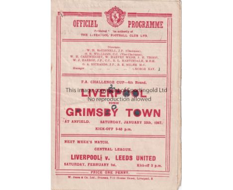 LIVERPOOL - GRIMSBY 47   Liverpool home programme v Grimsby, 25/1/47, Cup, Liverpool won 2-0, score is noted on cover togethe