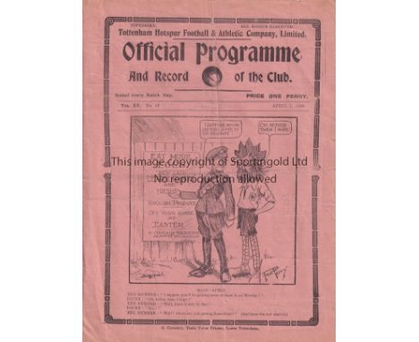 SPURS  / ARSENAL    4 Page programme Tottenham Hotspur v Arsenal 7th April 1928. Horizontal fold. Team Changes in pencil.