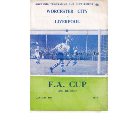 WORCESTER CITY - LIVERPOOL 59   Official programme with supplement, Worcester City v Liverpool 10/1/59, Cup, a major shock as