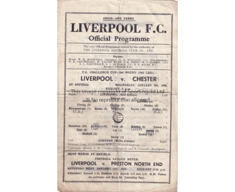 LIVERPOOL - CHESTER 46 CUP   Single sheet Liverpool home programme v Chester, 9/1/46, Cup 3rd Round second leg. Liverpool won