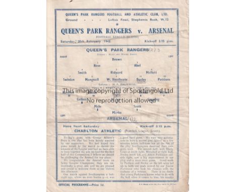 QPR V ARSENAL 1943     Single sheet programme for the FL South match at QPR 20/2/1943. Horizontal folds and pencil team chang