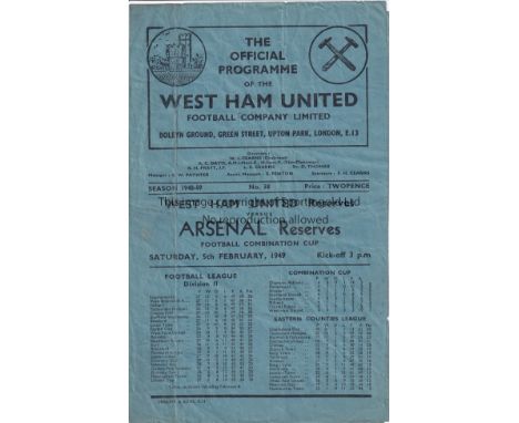 WEST HAM UNITED V ARSENAL 1949      Programme for the Combination Cup match at West Ham 5/2/1949, creased.   Fair to generall