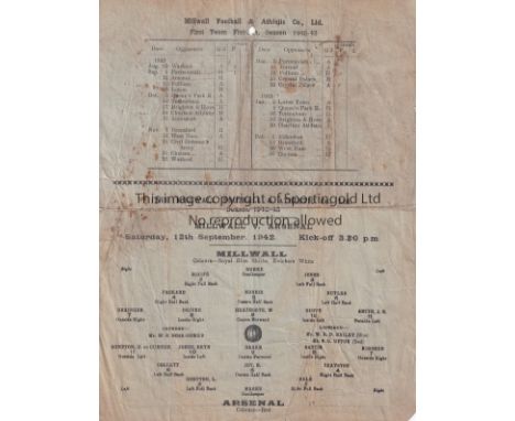 MILLWALL / ARSENAL  Single sheet programme Millwall v Arsenal 12th September 1942. Some ageing with small near top. No writin