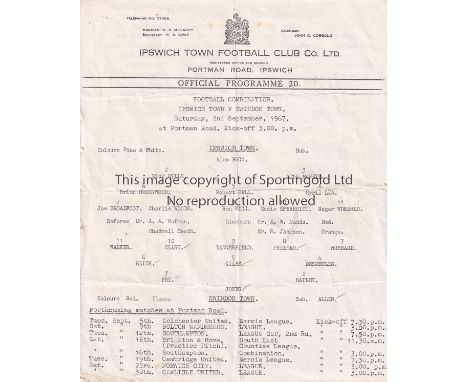 IPSWICH / SWINDON      Single sheet Reserves programme Ipswich Town v Swindon Town 2nd September 1967. Light folds  with tick