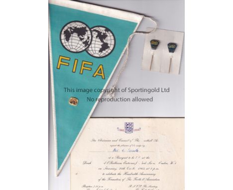 FIFA 1970   Pennant issued by FIFA in 1970 plus two FIFA pin badges in original packaging and gold FIFA lapel pin. All were t