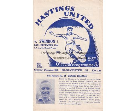 HASTINGS UTD - SWINDON 53    Hastings United home programme v Swindon Town, 18/12/53, Cup, Hastings won 4-1. pencil score, sc
