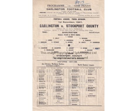 DARLINGTON / CREWE    Single sheet programme Darlington v Stockport County November 1st 1947. Light fold with a team change i