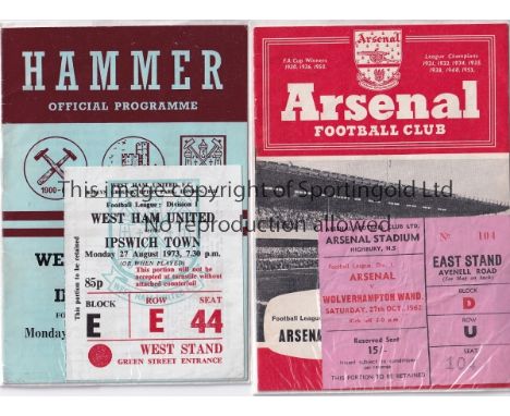 FOOTBALL PROGRAMMES WITH TICKETS      Twenty programmes and tickets including Arsenal v Wolves 61/2, West Ham v Ipswich 73/4,