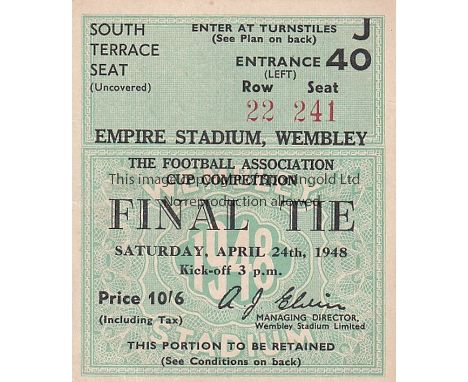 FA CUP FINAL TICKET    Ticket FA Cup Final Blackpool v Manchester United 24th April 1948.Generally good      