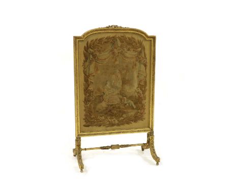 A 19th century giltwood firescreen, with needlework panel centre within a moulded frame, on stretchered scroll feet, 108cm wi