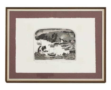 *Graham Clarke (b.1941)'Fishing Cove';'Walkies' (Artist's Proof)hand-coloured etchings with shaped tops, both signed 'Graham 