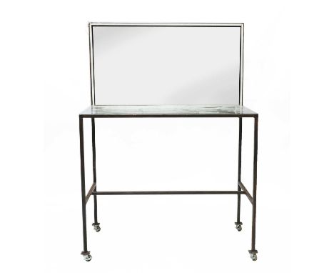 A bespoke steel make-up station, with a mirror back and castors, with an illuminated mirror frame, 124cm wide, 64cm deep, 173