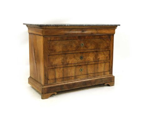 A French Louis Philippe walnut commode, the veined marble top above a moulded drawer and three further drawers, raised on a p