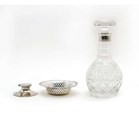 A Victorian silver circular dish with pierced border, Chester 1870, 14cm diameter, together with a silver capstan inkwell, Bi